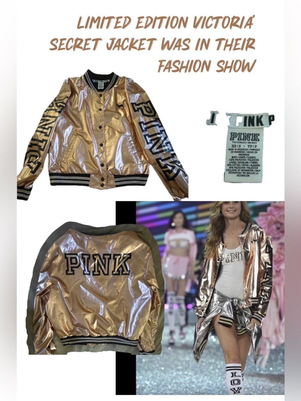 PINK Victoria's Secret Metallic Gold Varsity Bomber Jacket